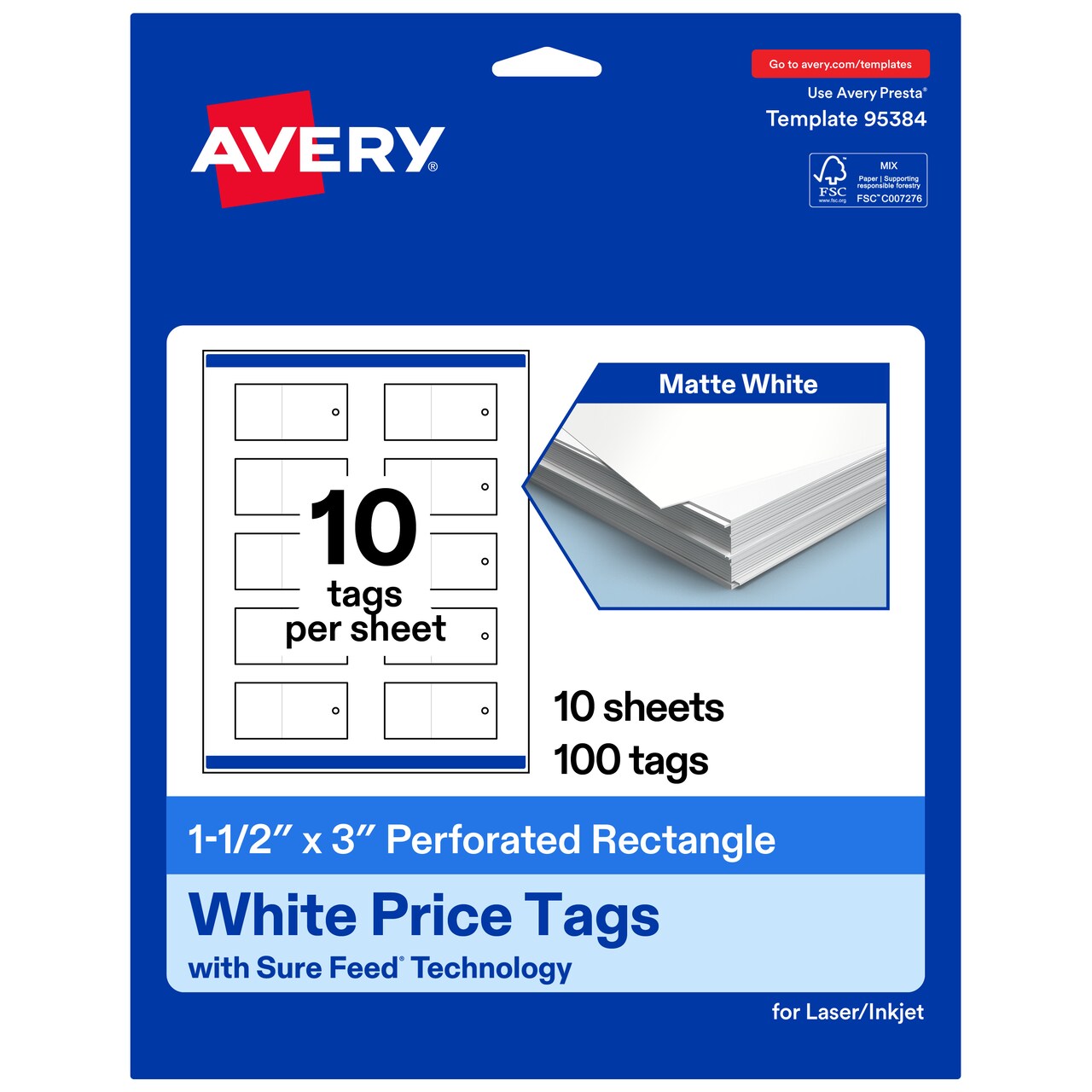 Avery Printable Perforated Rectangle Price Tags, Sure Feed Technology, 1-1/2" x 3", Matte White Cardstock, Print-to-The-Edge, Laser/Inkjet Printable, 100 Total